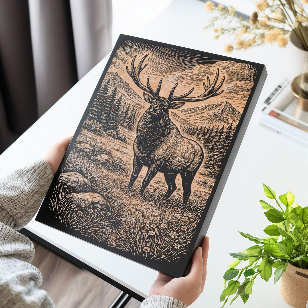 Majestic Elk in Alpine Meadow Engraved Birch Art Panel