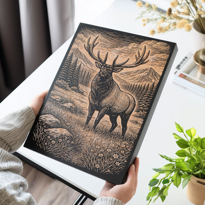 Majestic Elk in Alpine Meadow Engraved Birch Art Panel