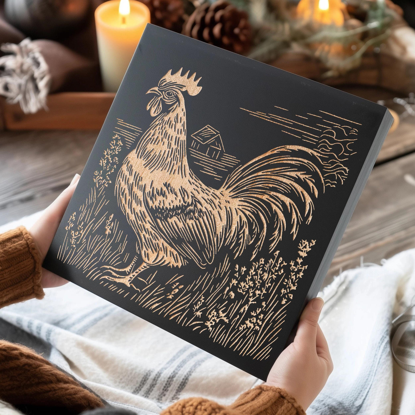 Farm Rooster Engraved Wood Wall Art Panel