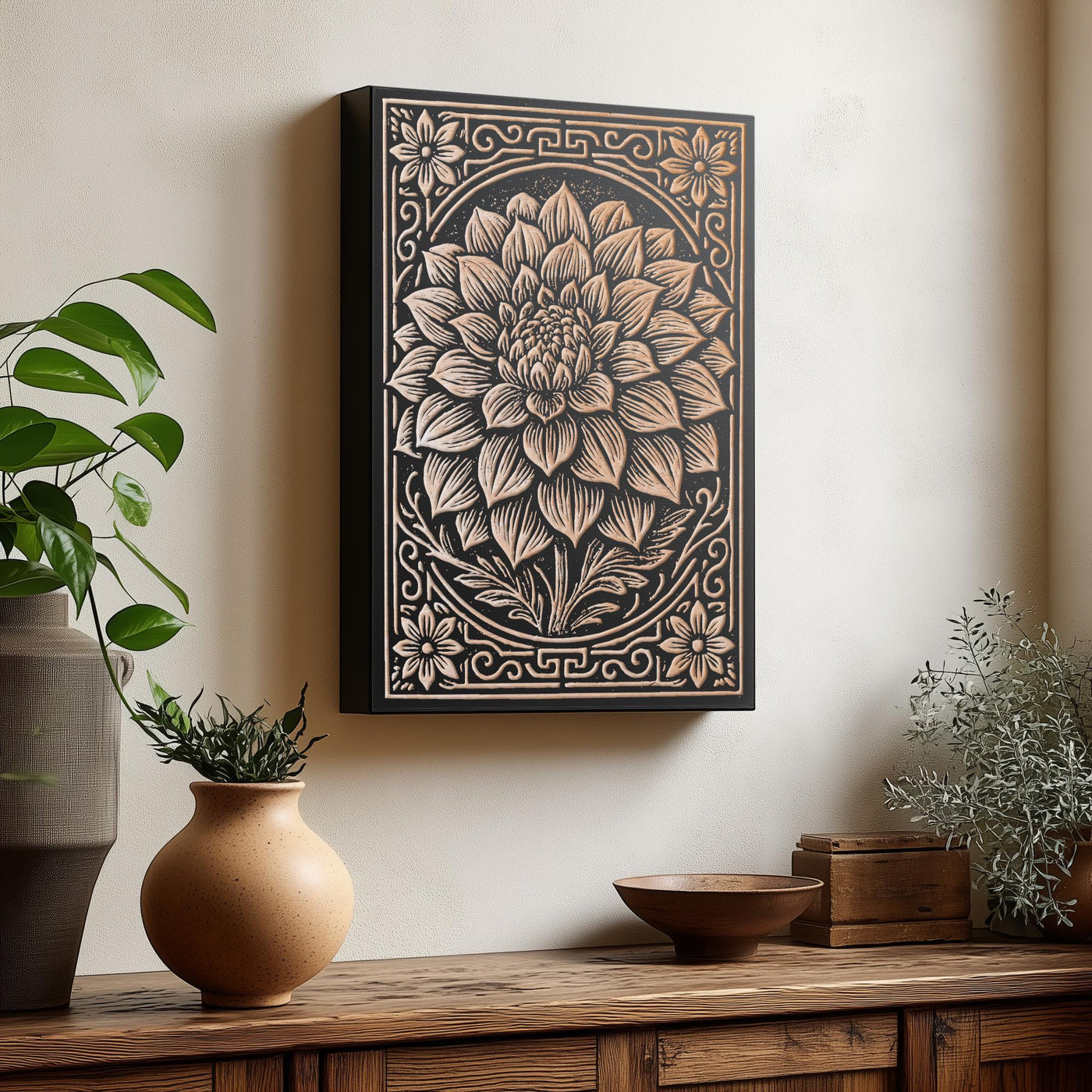 Dahlia Bloom Engraved Birch Illustration