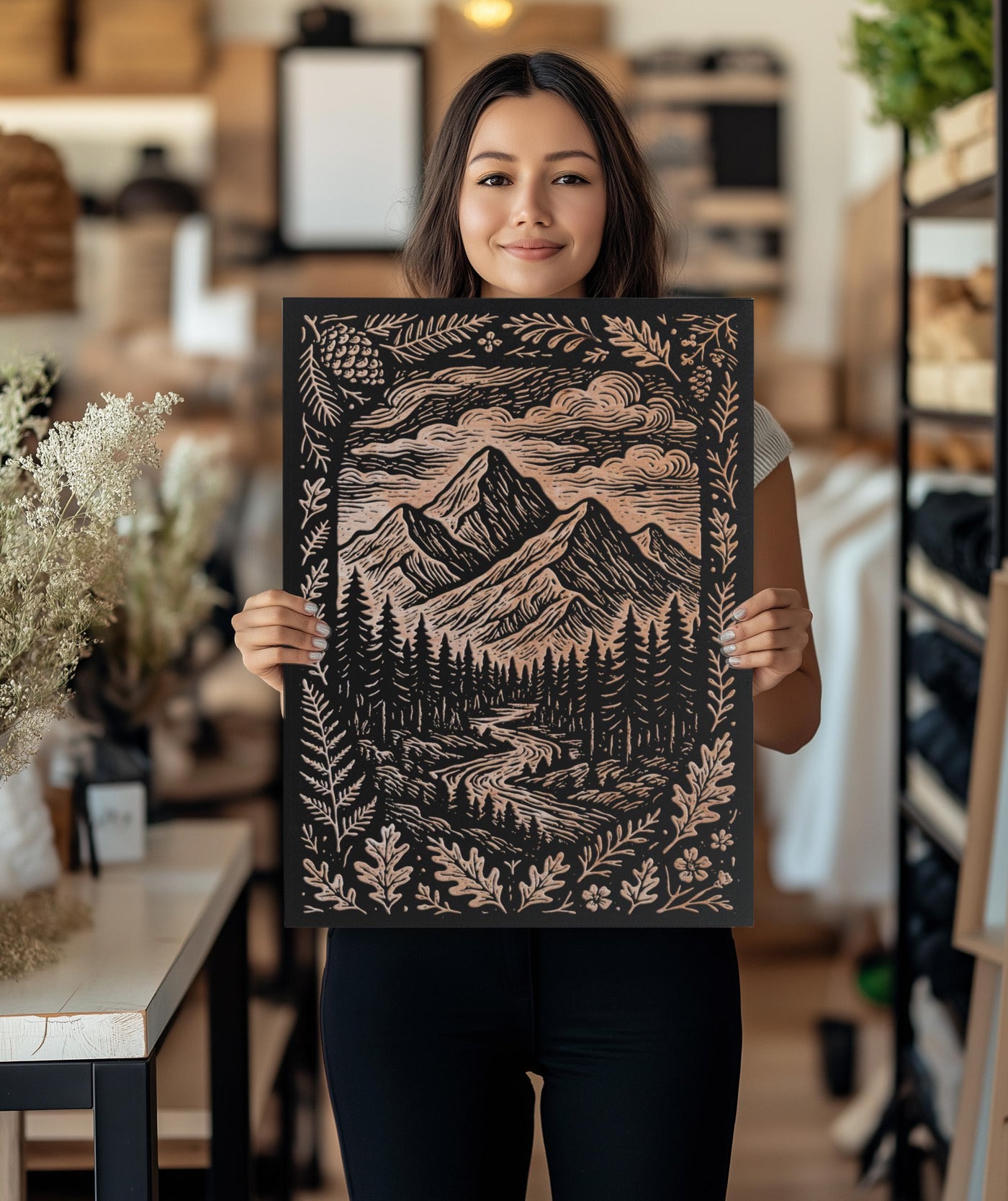 Mountain Landscape Engraved Birch Illustration