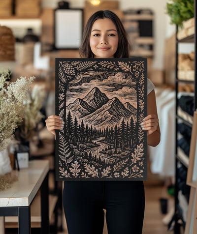 Mountain Landscape Engraved Birch Illustration