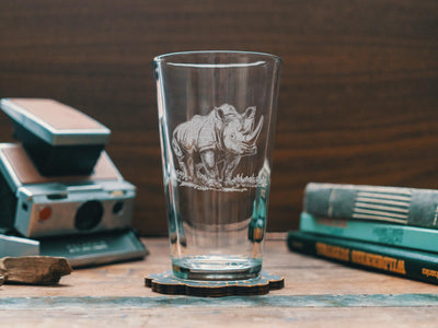 Rhinoceros Glasses | Personalized Safari Whiskey, Wine & Beer Etched Glassware Gift, African Wildlife Themed Drinkware, Memorable Trip Gift.