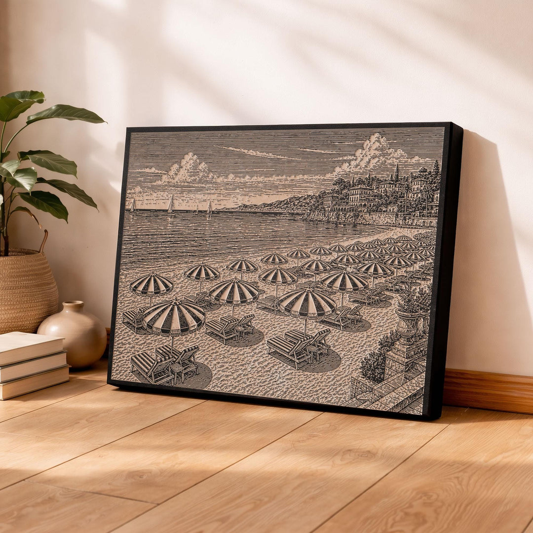 Mediterranean Beach Resort Engraved Illustration