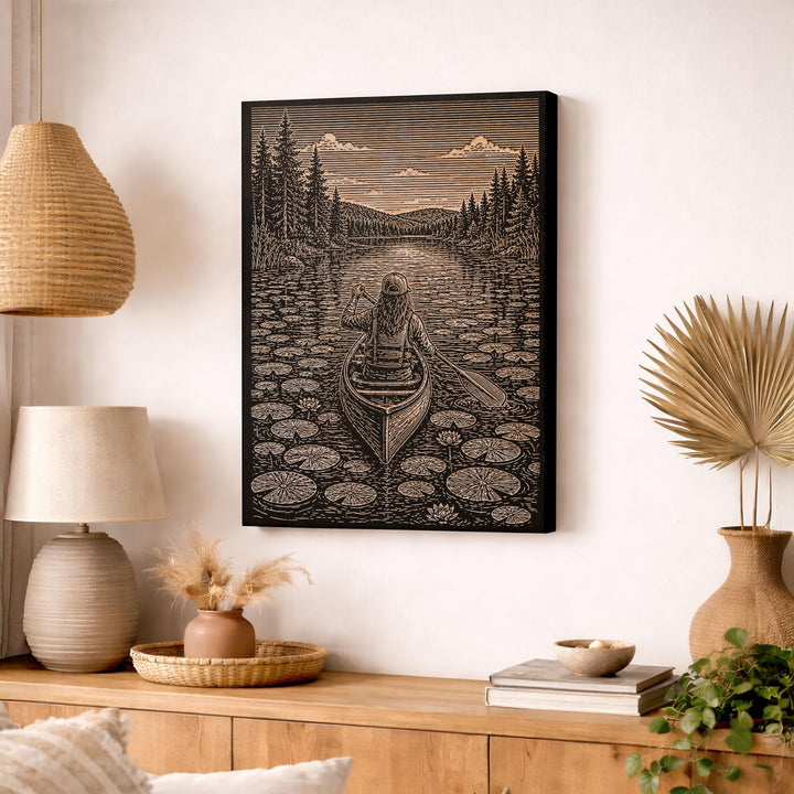 Wilderness Canoe Engraved Illustration