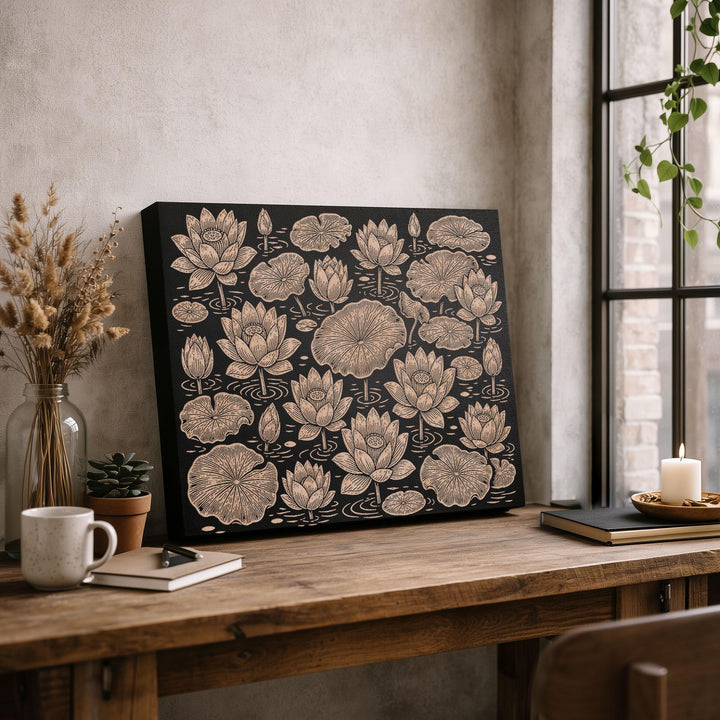 Lotus and Lily Pads Engraved Birch Art Panel