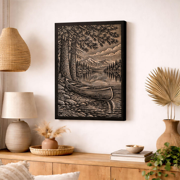 Lakeside Canoe Engraved Illustration