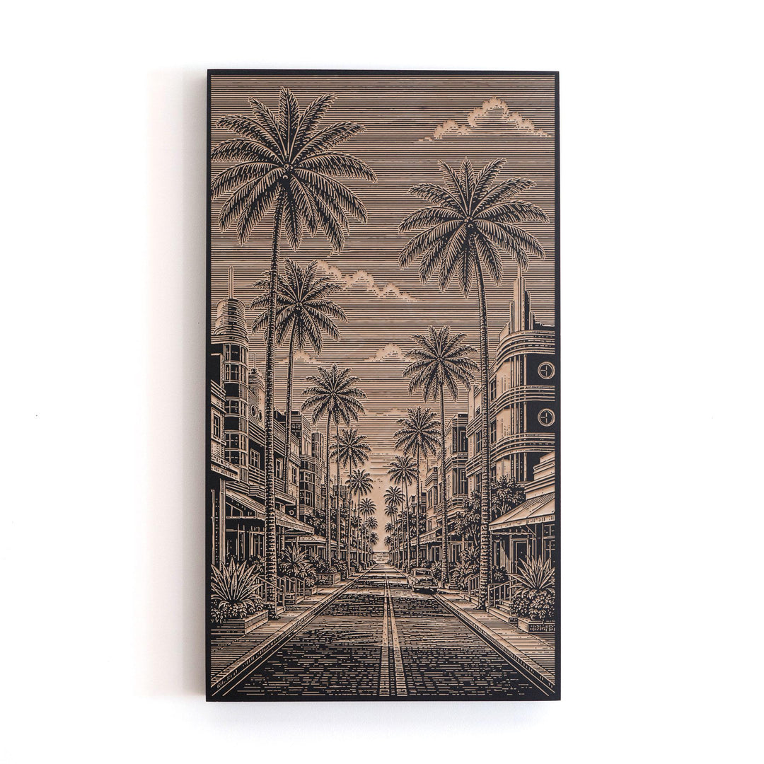 Miami Beach Art Deco Palm Street Engraved Birch Art Panel