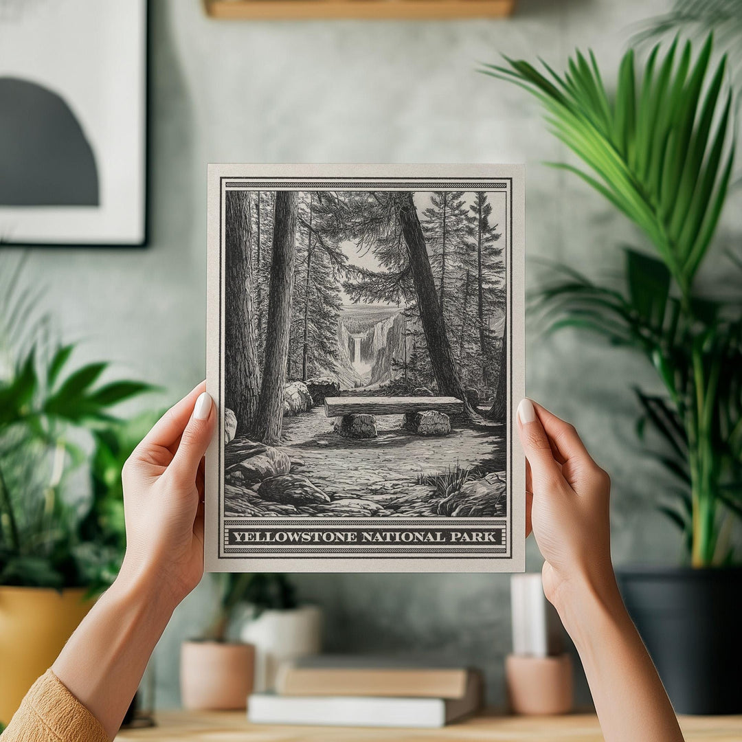 Yellowstone National Park Upper Falls Lithograph - Vintage Wyoming poster design, archival matte fine art print, Outdoorsy Waterfall Gift