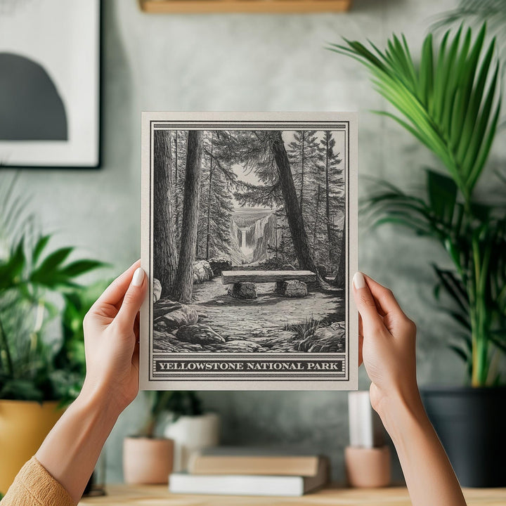 Yellowstone National Park Upper Falls Lithograph - Vintage Wyoming poster design, archival matte fine art print, Outdoorsy Waterfall Gift