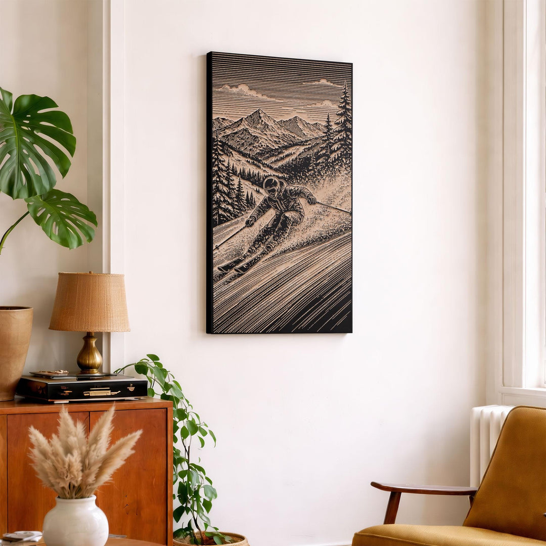 Alpine Skier Carving Engraved Illustration