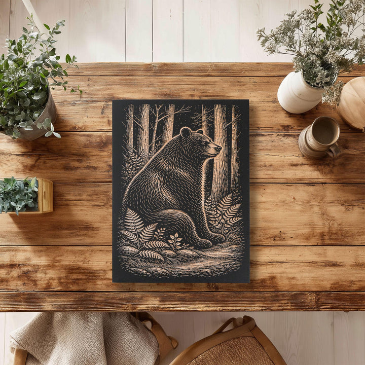 Black Bear in Forest Engraved Birch Art Panel