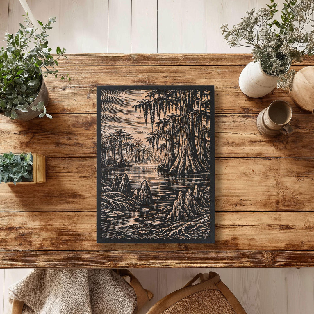 Misty Cypress Swamp Engraved Birch Art Panel