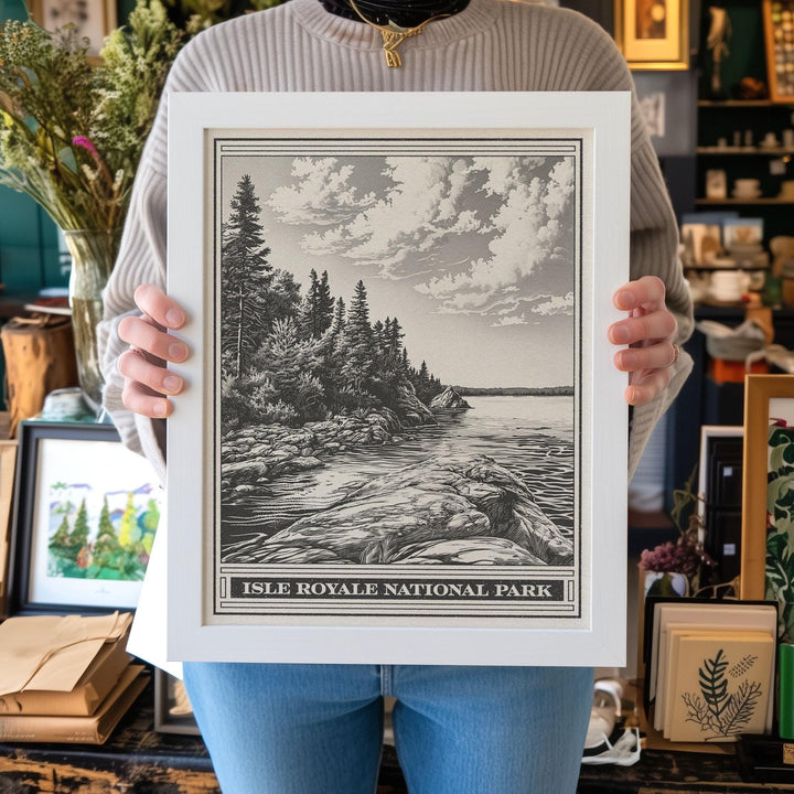 Isle Royale National Park Lithograph Style Print - Vintage Michigan archival matte fine art print Gift. Lake Michigan Greenstone Ridge Trail