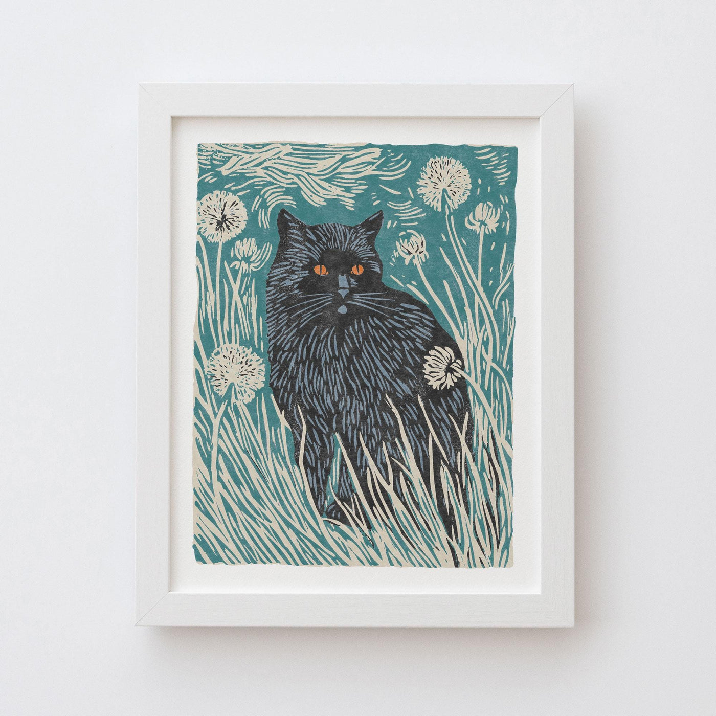 Black Cat in Dandelions Art Print