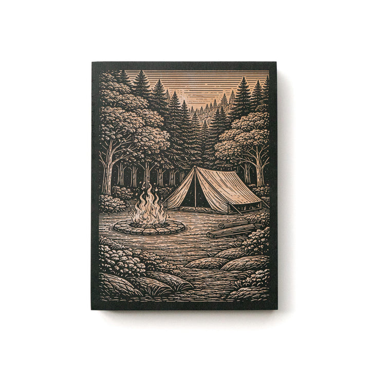 Campfire &amp; Tent in the Woods Engraved Illustration