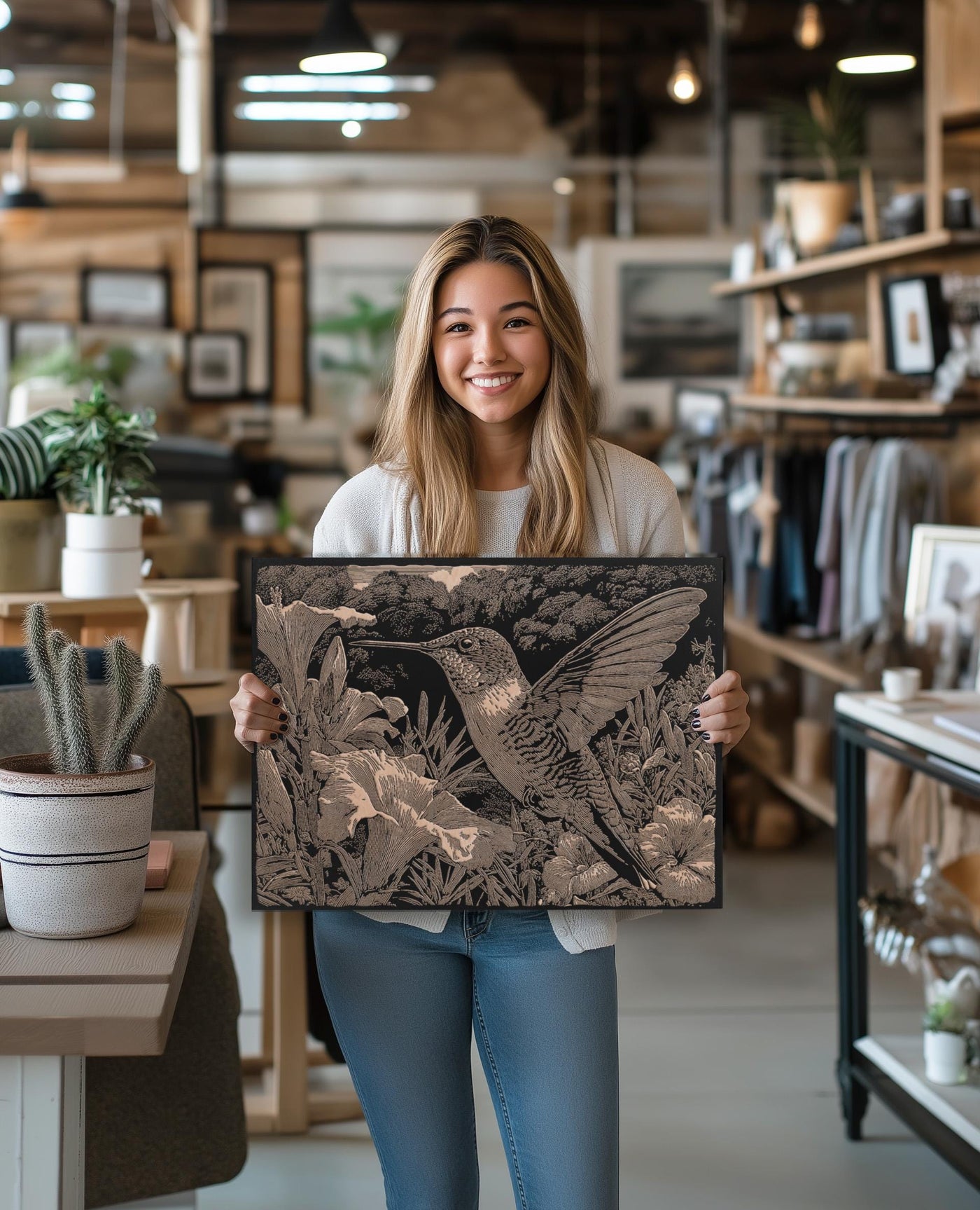 Hummingbird in Garden Engraved Illustration