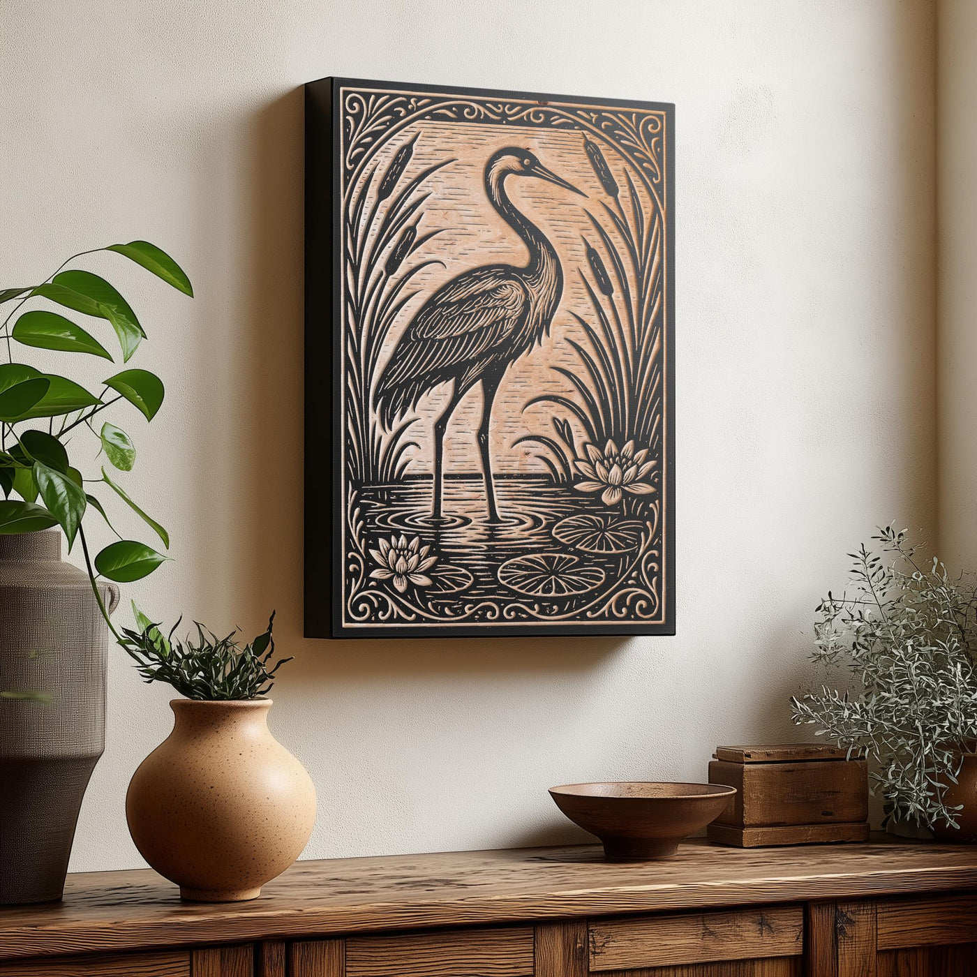 Crane In the Lily Pond Engraved Birch Illustration