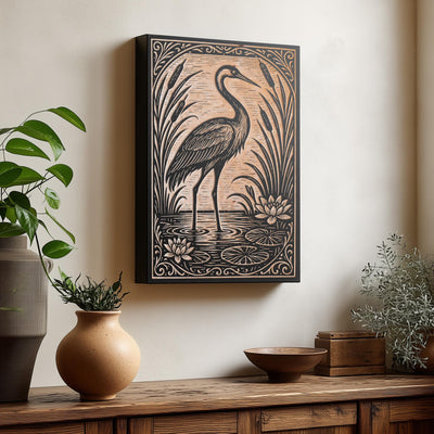 Crane In the Lily Pond Engraved Birch Illustration