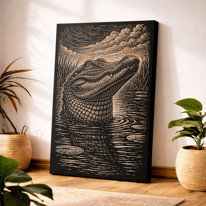 Alligator Rising from Marsh Water Engraved Birch Art Panel