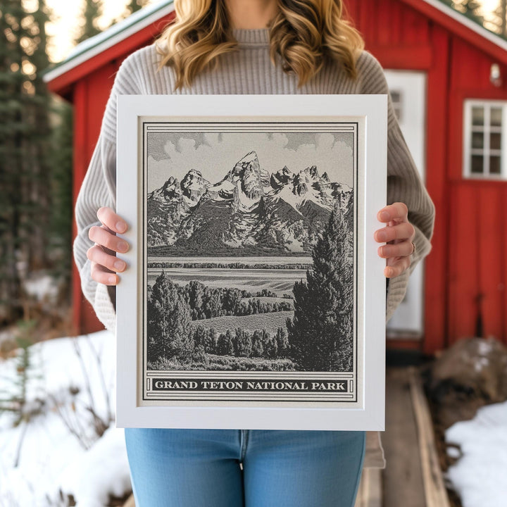 Grand Teton National Park Lithograph Style Print - Vintage Wyoming archival matte fine art print. Jackson Hole western mountain gift.