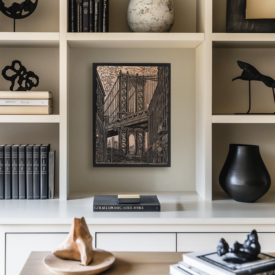 New York Manhattan Bridge Engraved Illustration