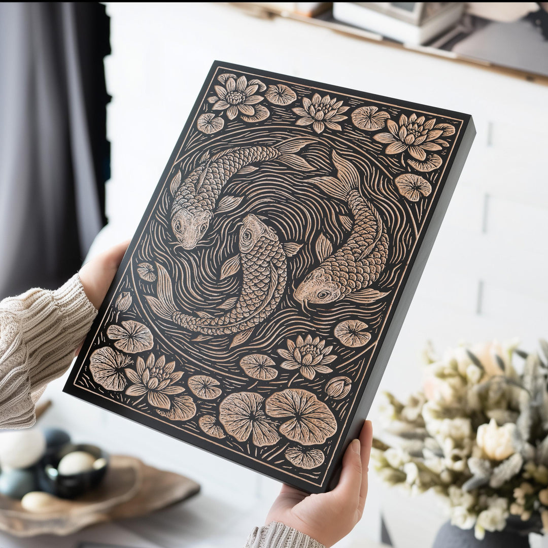 Koi Fish Engraved Birch Illustration