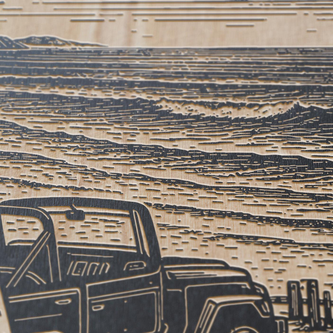 Surf SUV On the Beach Engraved Illustration