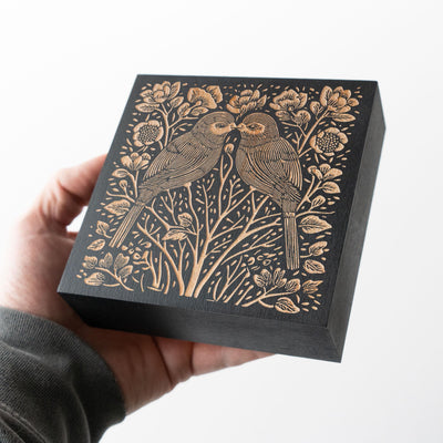 Lovebirds Engraved Birch Wood Panel