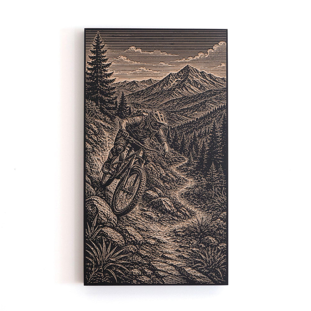 Mountain Biker on Rocky Trail Engraved Illustration