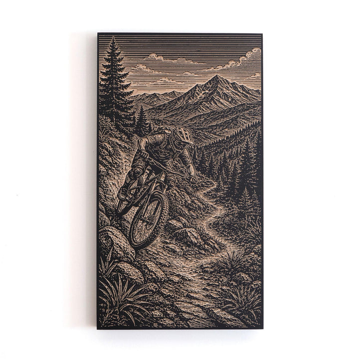 Mountain Biker on Rocky Trail Engraved Illustration