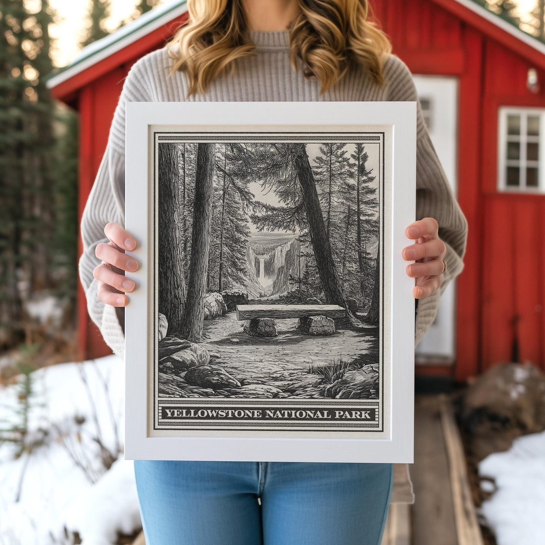 Yellowstone National Park Upper Falls Lithograph - Vintage Wyoming poster design, archival matte fine art print, Outdoorsy Waterfall Gift