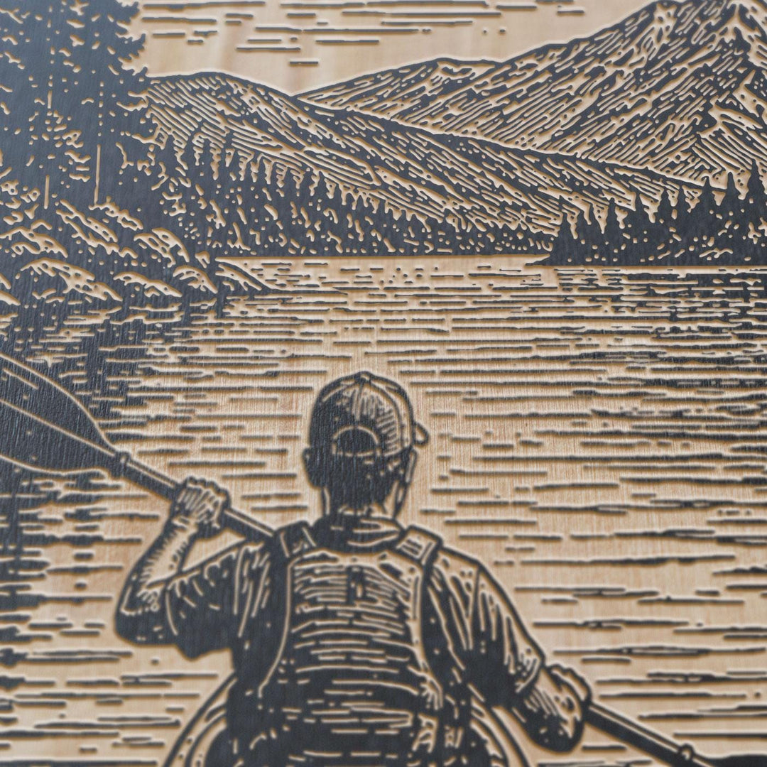 Kayaker Paddling Open Lake Engraved Illustration