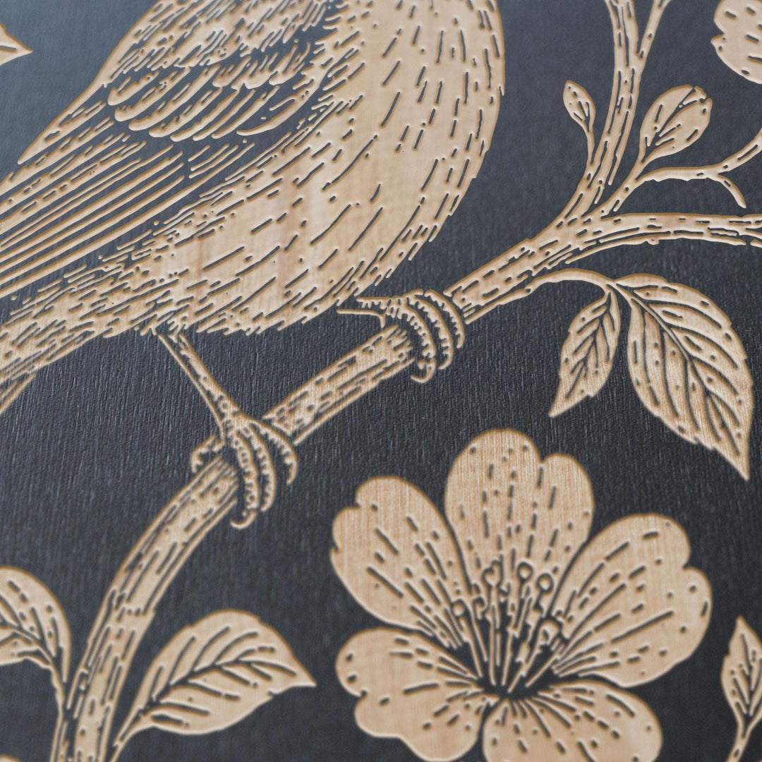 Songbird Perched Among Flowering Branches Engraved Birch Art Panel