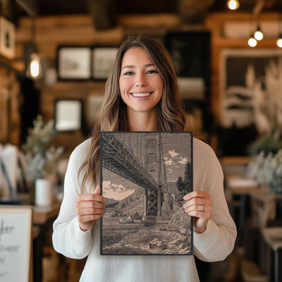 Golden Gate Bridge Scene Engraved Illustration