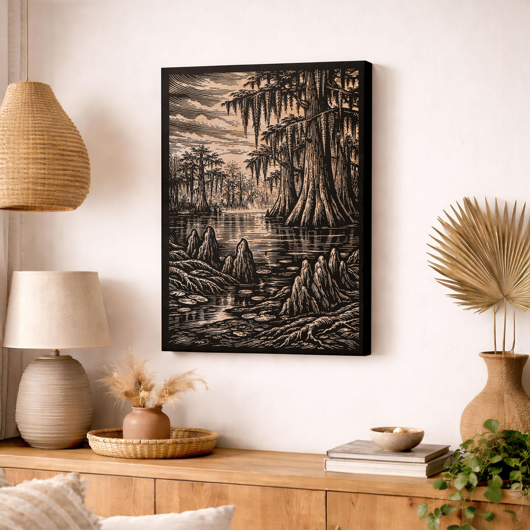 Misty Cypress Swamp Engraved Birch Art Panel