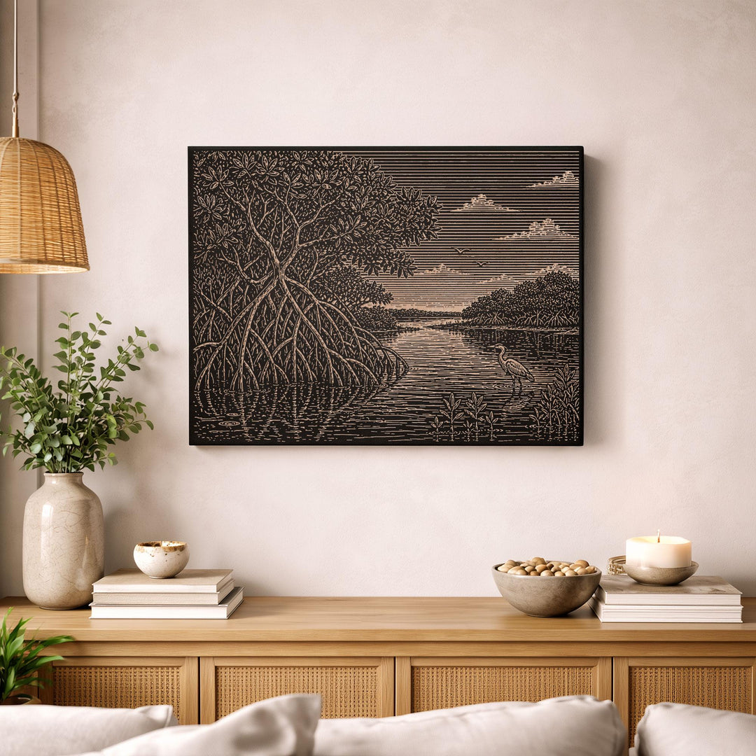 Mangrove Edge and Tidal Water Engraved Birch Art Panel
