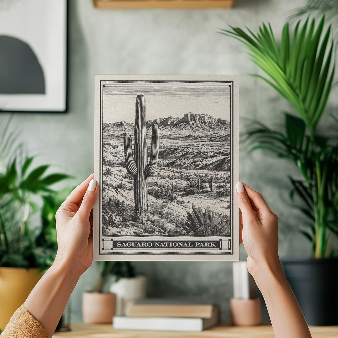 Saguaro National Park Lithograph Style Print - Vintage Arizona archival matte fine art print. Saguaro Cactus Desert Gift. Rincon Mountain.
