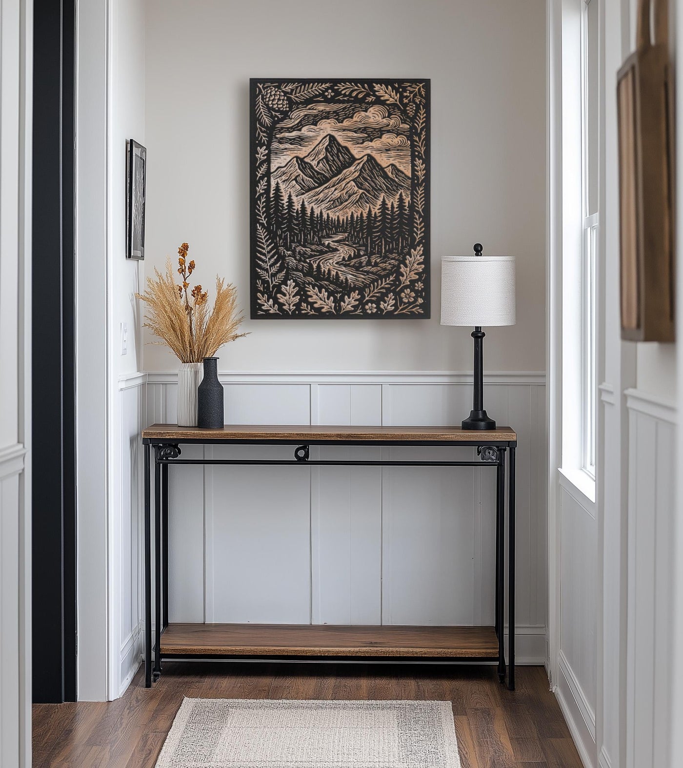 Mountain Landscape Engraved Birch Illustration