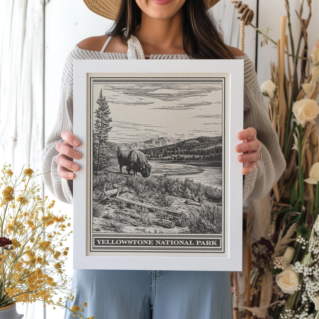 Yellowstone National Park Buffalo Lithograph style print - Vintage Wyoming poster design, archival matte fine art print, Western Ranch Gift