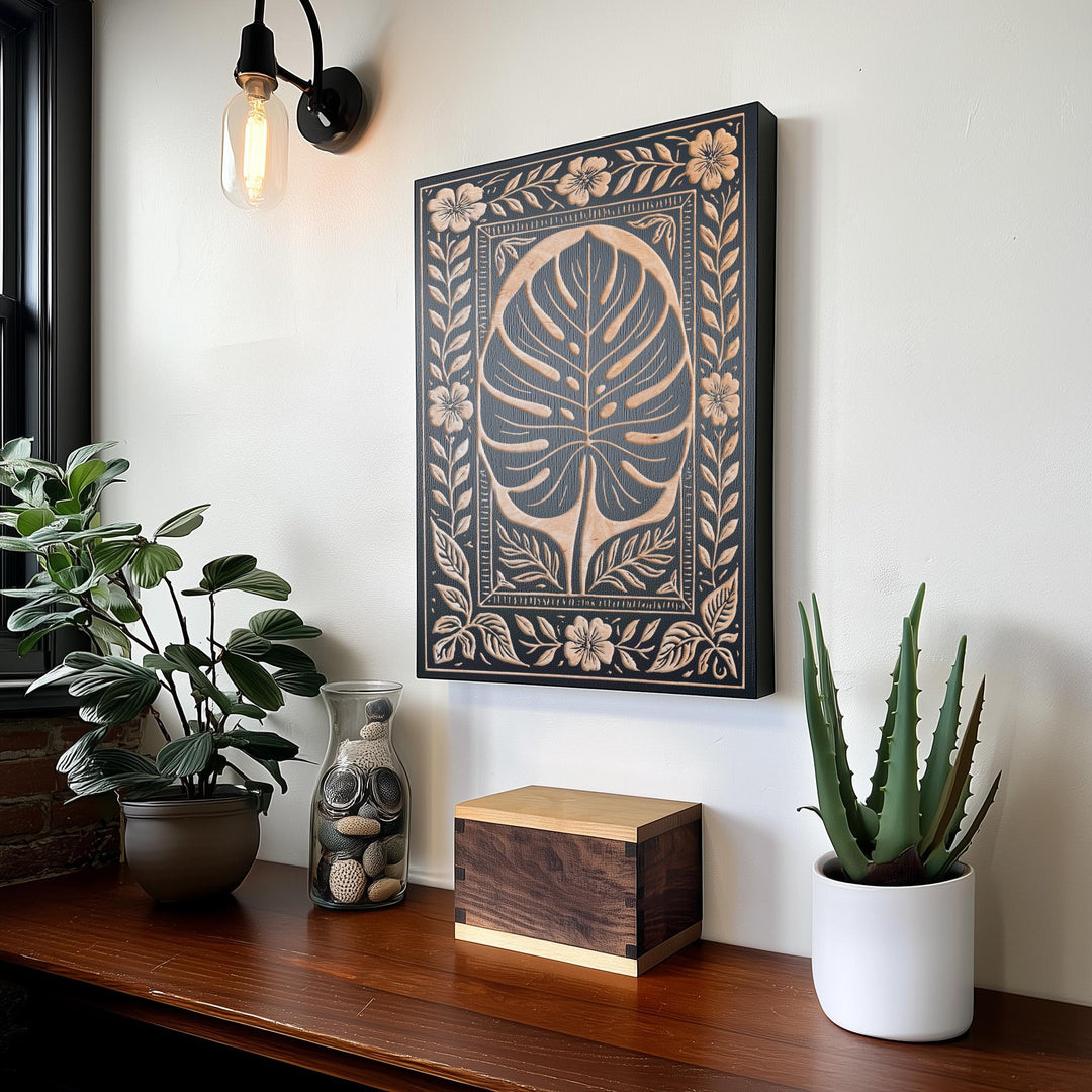 Monstera Leaf Engraved Birch Illustration