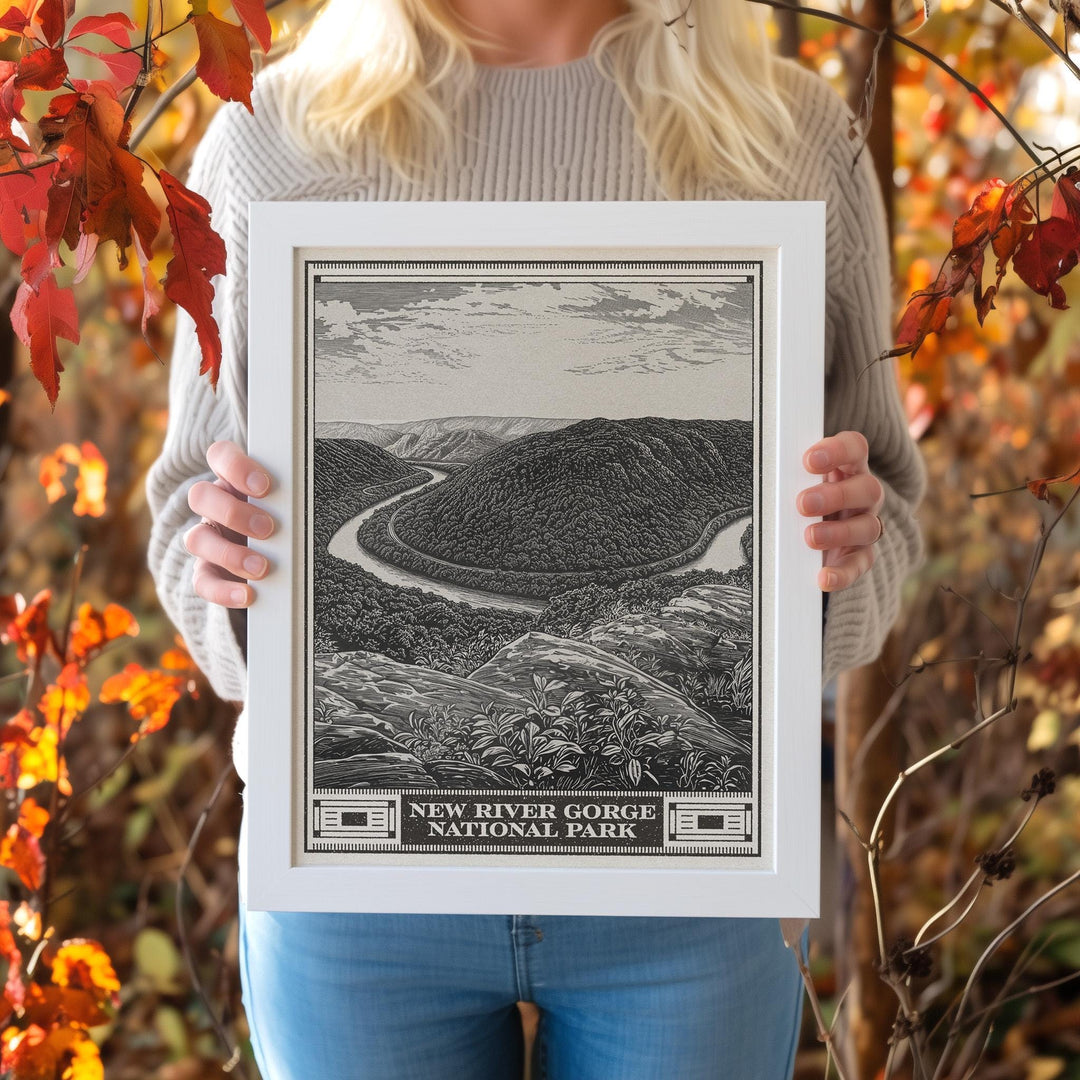 New River Gorge National Park Lithograph Style Print - Vintage West Virginia archival matte fine art print. Appalachian Mountains Gift.