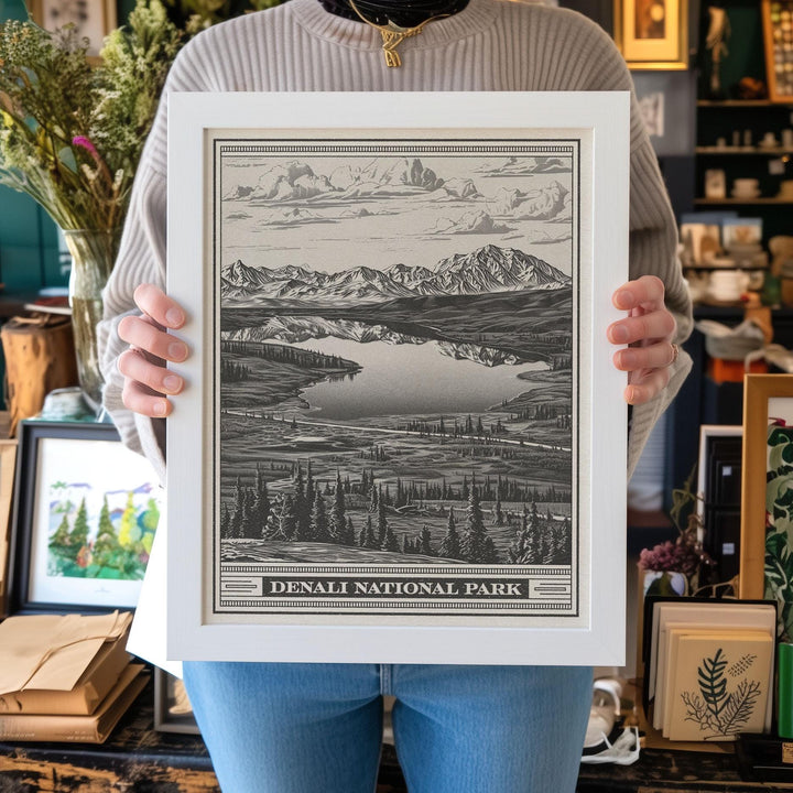 Denali National Park Lithograph Style Print - Vintage Alaska archival matte fine art print. Mount McKinley gift. Athabascan Wildlife Poster