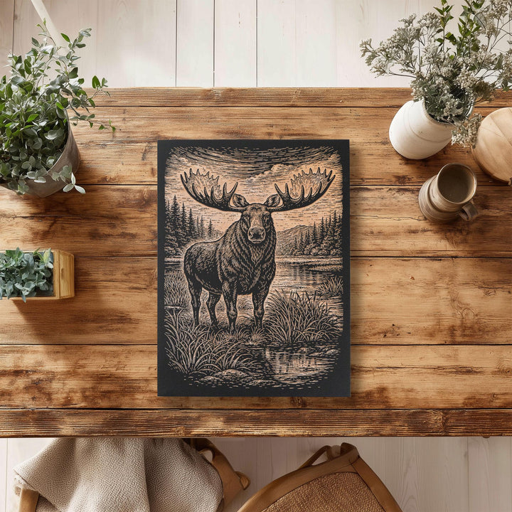 Bull Moose in Marshy Wilderness Engraved Birch Art Panel