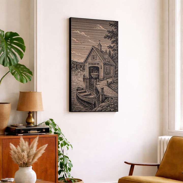 Lakeside Boathouse with Dock Engraved Illustration