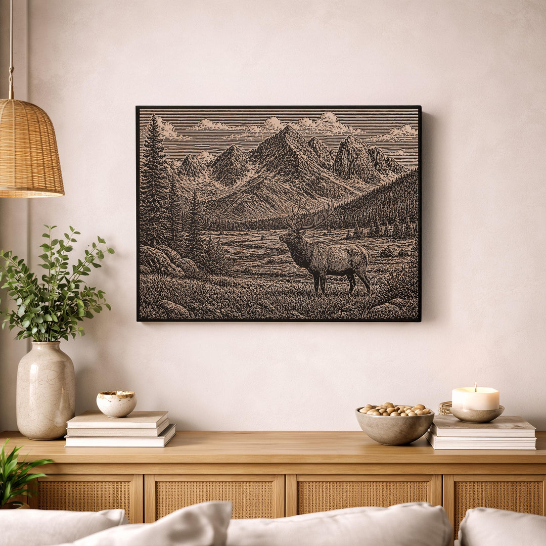 Elk In a Meadow Beneath Peaks Engraved Birch Art Panel