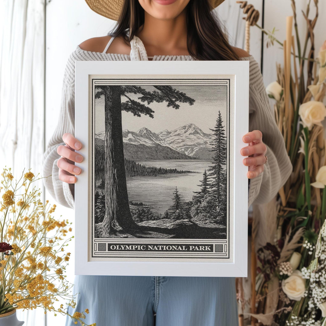 Olympic National Park Lithograph Style Print - Vintage Lake Crescent Washington archival matte fine art print. Pacific Northwest hikers gift