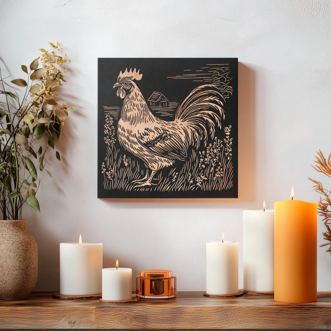Farm Rooster Engraved Wood Wall Art Panel