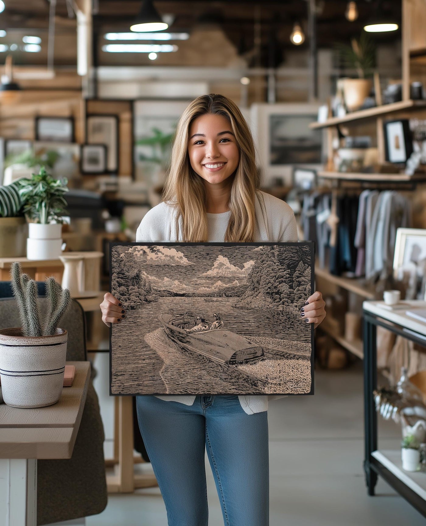 Vintage Lake Boat Engraved Illustration