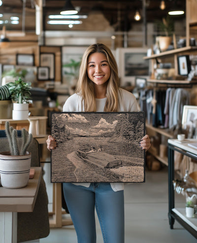 Vintage Lake Boat Engraved Illustration